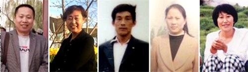 '图6：从左至右：山东胜利油田被中共非法关押的法轮功学员高宏伟、张爱丽、王子明、商兆香、夏德云。。'
