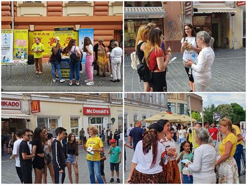 图4~6:法轮功学员们并来到布拉索夫的共和街,设立展位,传播法轮功的真相,并征签。